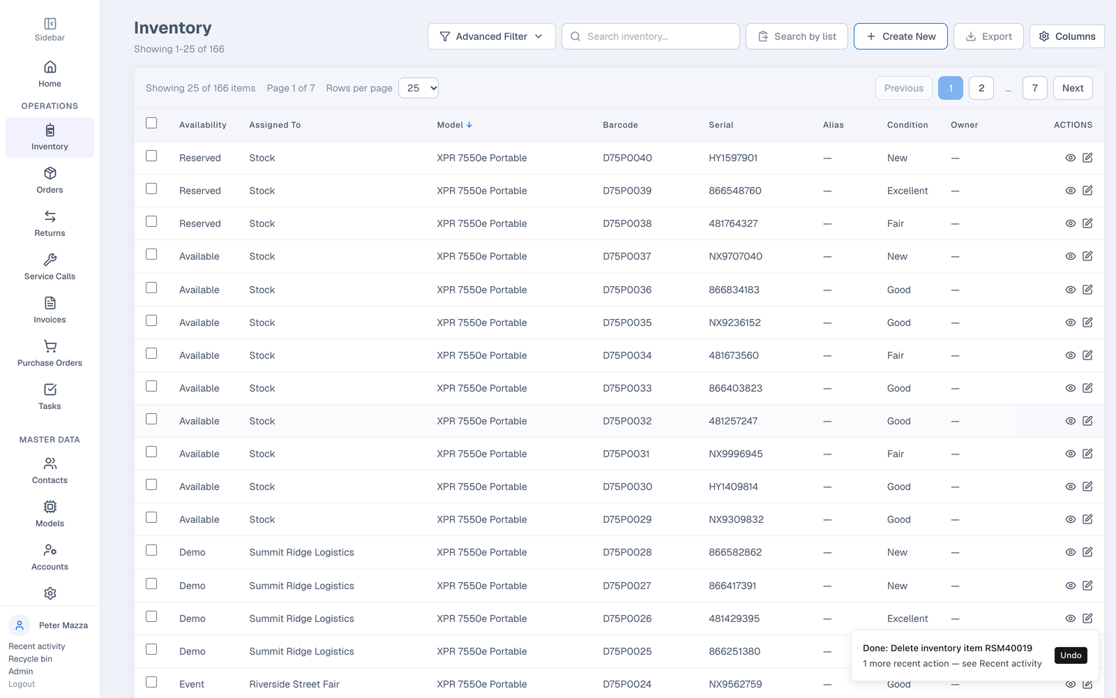 DMSCommand inventory table: each radio with its availability, assigned customer, model, barcode, serial and condition, plus an undo notice for a just-deleted item