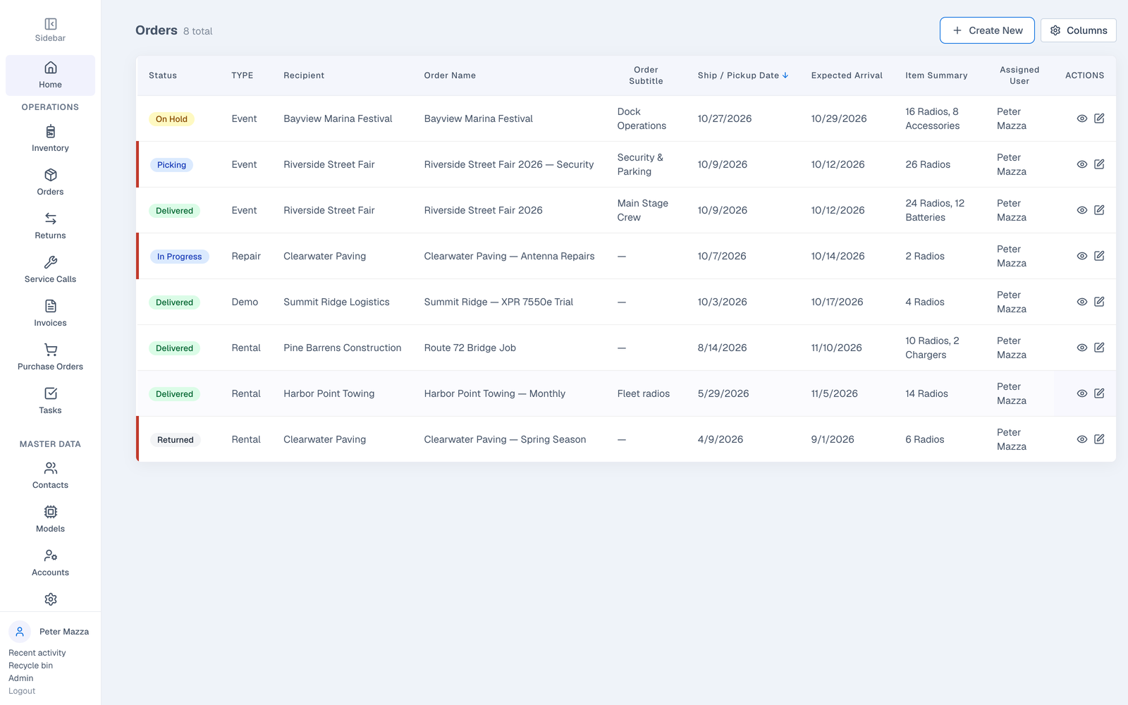 DMSCommand orders list showing event, rental, repair, demo and sale orders with status badges, customer, order name, ship date and item summary