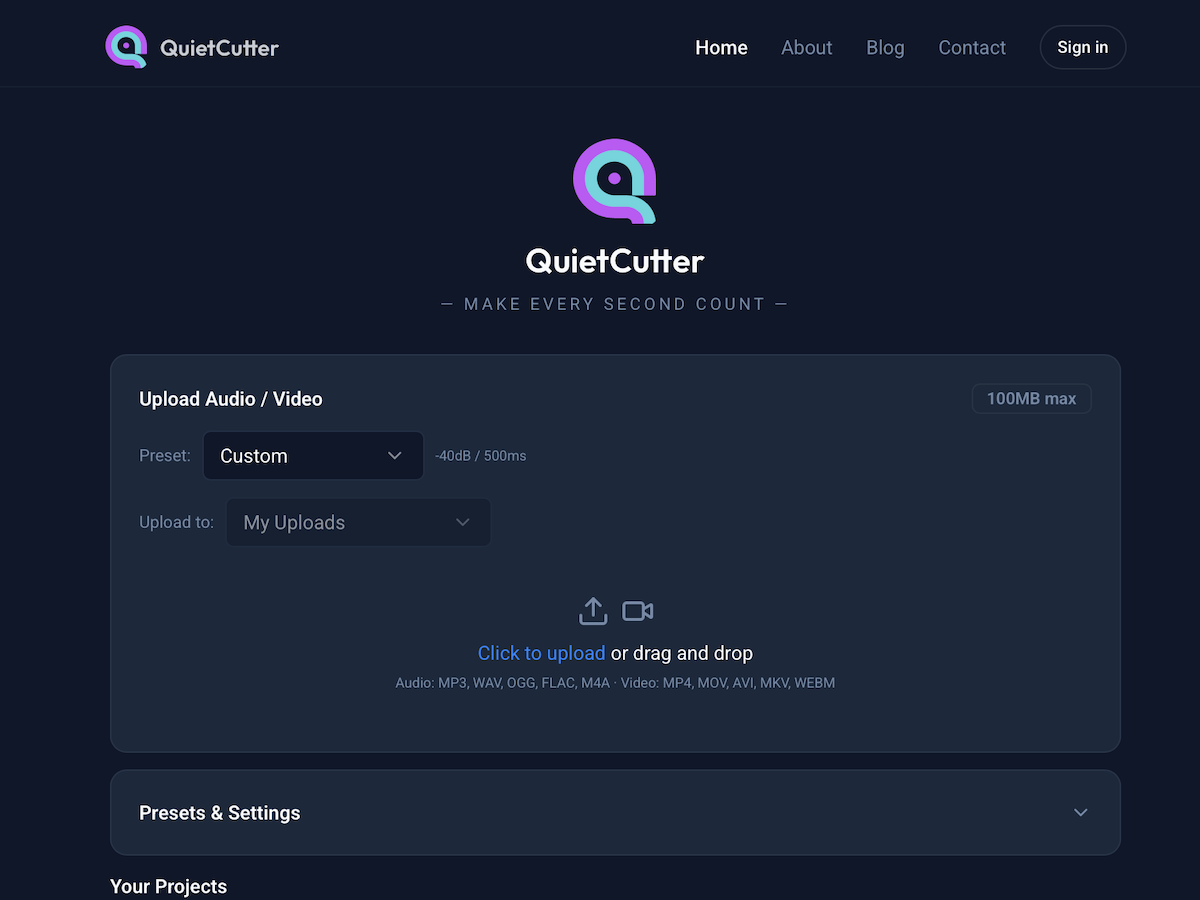 Screenshot of the QuietCutter audio processing web app