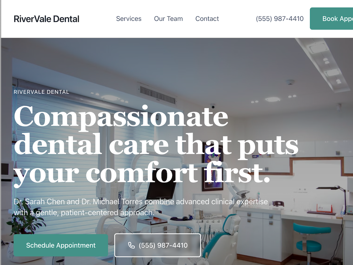 RiverVale Dental - Healthcare website with Immersive Hero, WCAG 2.1 AA, Schema Optimized